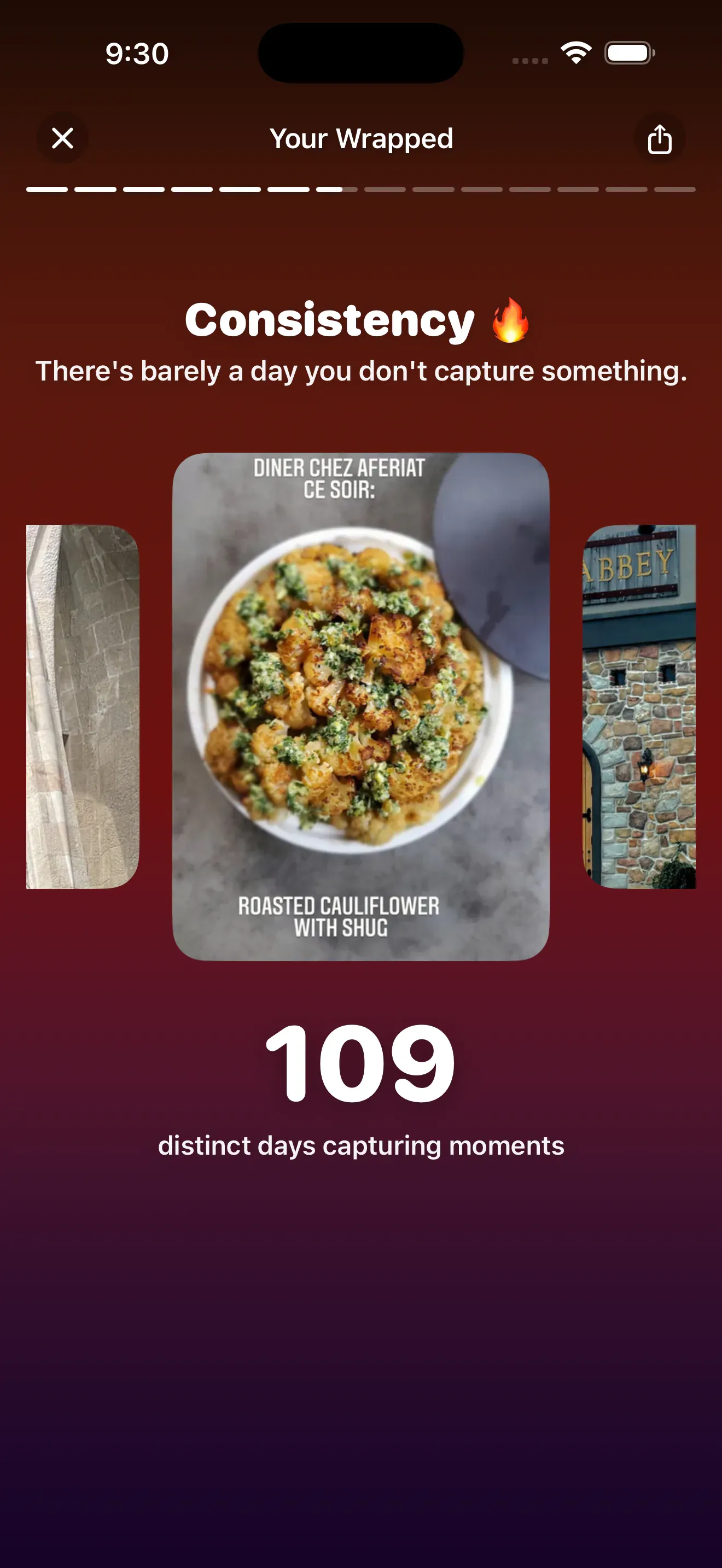 Consistency card showing 109 distinct days with captured moments