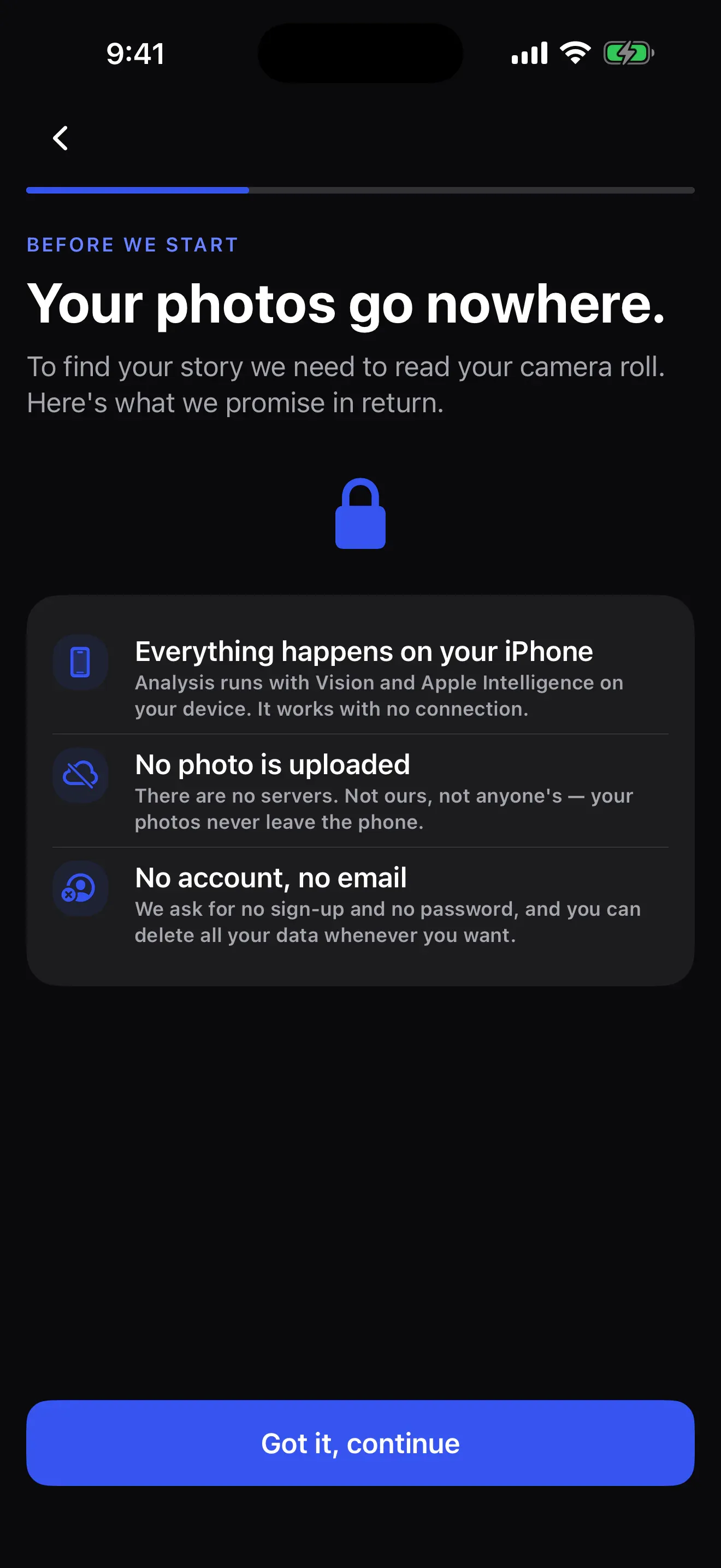 WrappedMe privacy screen explaining that photo analysis stays on the iPhone